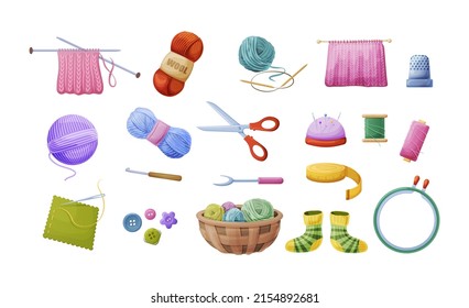Needlework tools set. Supplies for craft hobby sewing, knitting, embroidery. Tools scissors, buttons, wool, knitwear, yarn, thread knitting, wool, knitwear, yarn, meter, knitting needles vector