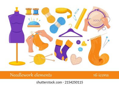 Needlework, tools for sewing and knitting collection.