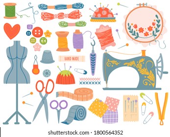 Needlework tools. Various sewing tool and supplies, sewing machine. Buttons, spools and threads, needles, scissors. Dressmaking vector set. Yarn, dummy and thimble for hobby or work