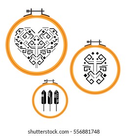 Needlework tribal design on embroidery hoops. Wooden round frames with ethnic black designs vector.