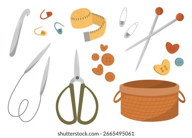 Costura. Varias herramientas de costura. Agujas, tijeras, Botones. Conjunto de Vector de color dibujado a mano. Estilo de dibujos animados, diseño plano. Todos los Elementos están aislados