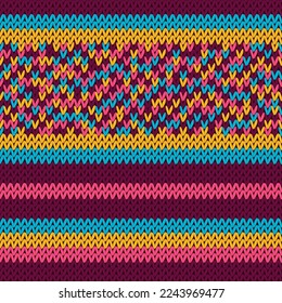 Needlework vector seamless pattern. Warm pulloverstriped jersey textile. Craft knitted fabric texture ornament. Thread knitting clothing pattern. Handmade scarf canvas.