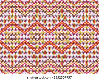 Needlework vector seamless pattern. Warm pulloverstriped jersey textile. Craft knitted fabric striped ornament. Thread knitting clothing pattern. Handmade scarf canvas.
