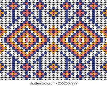 Needlework vector seamless pattern. Warm pulloverstriped jersey textile. Craft knitted fabric striped ornament. Thread knitting clothing pattern. Handmade scarf canvas.