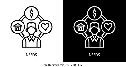 Needs icon representing human requirements, basic necessities, essential resources, demand, welfare support, and priority services for individuals and communities.