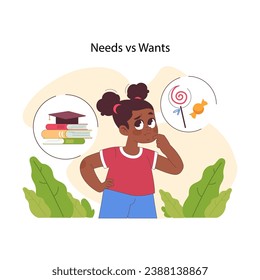 Needs vs wants concept. Thoughtful young girl contrasts education with entertainment. Learning to manage finances and balance priorities. Life lesson, financial literacy. Flat vector illustration