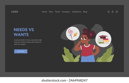 Needs vs will Dunkel- oder Nachtmodus Web, Landung. Mädchen kontrastiert Bildung mit Unterhaltung. Lernen, Finanzen zu verwalten und Prioritäten auszugleichen. Finanzkompetenz. flache Vektorillustration
