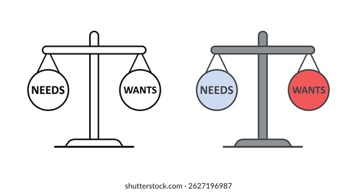 Needs vs wants icon – balanced scale with the words "needs" and "wants", illustrating smart spending, financial priorities, and decision-making.