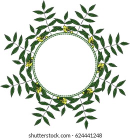 Neem or nimtree, medicinal plant. Frame, border. Ayurvedic Herb. Hand drawing ink illustration. Design for essential oil, natural cosmetics, treatment, aromatherapy, homeopathy. 