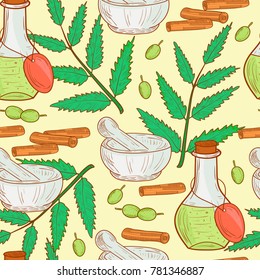 Neem. Plant. Flask, mortar. Background, wallpaper, seamless. Sketch.