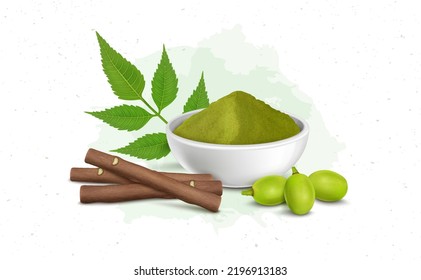 Neem powder vector illustration with neem chew sticks and fruits svg