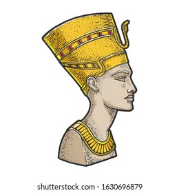 Nefertiti Ancient Egyptian Pharaoh statue sketch engraving vector illustration. T-shirt apparel print design. Scratch board imitation. Black and white hand drawn image.