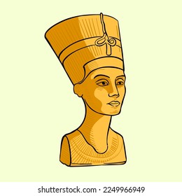 Ilustración vectorial de estilo de grabado Nefertiti bust. El carácter histórico del antiguo Egipto. Emblema pintado a mano. Perfecto para identidad premium, afiches de agencia de viajes, embalaje africano.