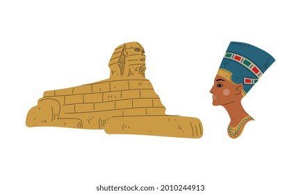 Nefertiti Bust as Great Royal Wife of Egyptian Pharaoh and Androsphinx Sand Statue Vector Set