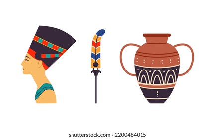 Nefertiti Bust as Great Royal Wife of Egyptian Pharaoh and Clay Vase Vector Set