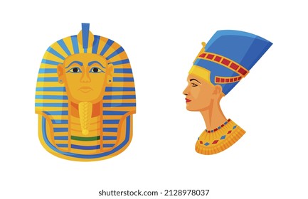 Nefertiti Bust and Pharaoh Head as Great Egyptian Royal Wife and King Vector Set