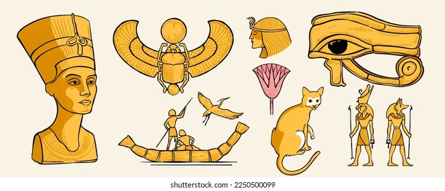 Nefertiti busto, Scarab sagrado, pescador en bote papiro, ojo de Horus, gato, grúa, palmera, Amun Ra, Anubis, Cleopatra. Ilustración vectorial del estilo de grabado de Egipto antiguo. Emblema dorado dibujado a mano