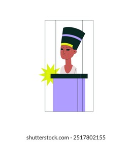 Nefertiti bust wearing a traditional headdress, symbolizing ancient Egyptian history, archaeology, and cultural heritage, flat vector illustration isolated on white background.