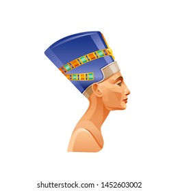 Nefertiti or Cleopatra in crown. Egyptian queen icon. Nefertiti or Cleopatra ancient art portrait. Beautiful woman profile head from old Egypt art. Cartoon 3d icon for logo design, vector illustration