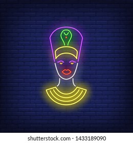 Nefertiti head neon sign. Authority, power, Egypt design. Night bright neon sign, colorful billboard, light banner. Vector illustration in neon style.