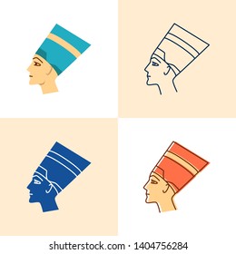 Nefertiti icon set in flat and line style. Beautiful Egyptian queen symbol. Vector illustration.