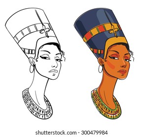 Nefertiti. Vector illustration. Isolated on white background. Color and black and white image