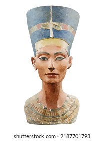 Nefertiti vector picture. Ancient egypt queen illustration. Nefertiti cartoon style. Antique egypt statue. Museum exhibition. Egyptology. Watercolor hand drawn. Clipart for logo, decor and design.