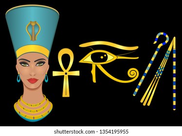 Nefertiti,Horus eye, Ankh, Crook and Flail