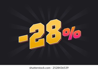 Banner de desconto negativo de 28% com fundo escuro e texto amarelo. -28 por cento de design promocional de vendas.