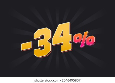 Banner de desconto negativo de 34% com fundo escuro e texto amarelo. -34% de design promocional de vendas.