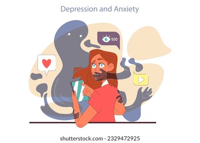 Negative aspect and bad impact of social media. Psychological effect of social networks on teens. Depression and anxiety. Teenage girl stressing because of the internet. Flat vector illustration