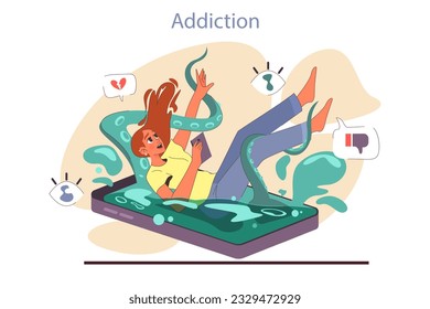 Aspecto negativo y mal impacto de los medios sociales. Efecto psicológico de las redes sociales en los adolescentes. Adicción al Smartphone, niña adicta a internet. Ilustración vectorial plana