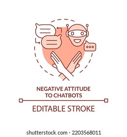 Aactitud negativa hacia el icono de concepto anaranjado de chatbots. Drenaje de la imagen de línea delgada de idea abstracta de marketing de IA. Dibujo de contorno aislado. Trazo editable. Fuentes Arial, Myriad Pro-Bold utilizadas