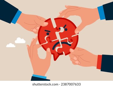 Negative attitude. Connecting puzzle elements sad emoticon. Vector illustration