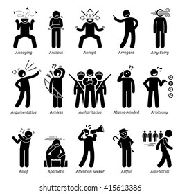 Negative Bad Personalities Character Traits. Stick Figures Man Icons . Starting with the Alphabet A.