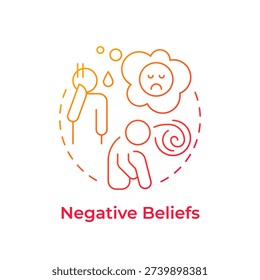 Negative beliefs red gradient concept icon. Emotional exhaustion, mood disorder. Cognitive anxiety. Round shape line illustration. Abstract idea. Graphic design. Easy to use in brochure, booklet