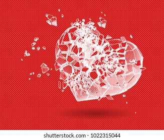 Negative broken heart with pen and ink drawing style on red and pink polka dot background