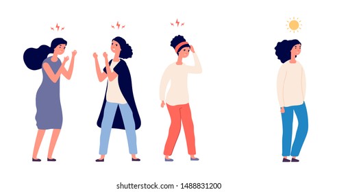 Negative business environment. Happy businesswoman running away and ignoring angry, sad coworkers. Vector concept