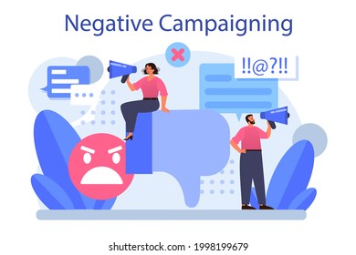 Negative campaigning. Brand negative reputation. Bad customer review. Elimination of competitors, black PR. Isolated flat vector illustration