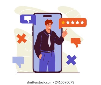 Negative campaigning concept. Man at smartphone screen. Politician with promotion on internet. Negative feedback and emotions of clients. Unsatisfied customer. Cartoon flat vector illustration