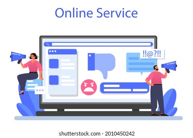 Negative campaigning online service or platform. Brand negative reputation. Bad customer review. Elimination of competitors, black PR. Flat vector illustration