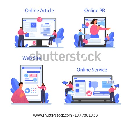 Negative campaigning online service or platform set. Brand negative reputation. Bad customer review. Elimination of competitors, black PR. Online article, PR, website. Flat vector illustration