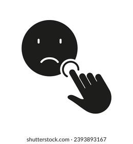 Negative Client Feedback Silhouette Icon. Social Media App Ranking Solid Sign. Cursor Click On A Sad Face Emoticon Glyph Pictogram. Customer Satisfaction Symbol. Isolated Vector Illustration.