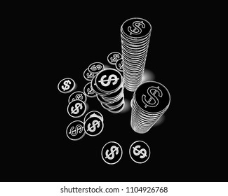 Negative coin pile set drawing in top camera view isolated on black background