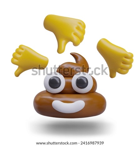 Negative concept, full shit. 3D poop, hands with thumb down. Bad choice, nuisance, low quality. User voting, rejection. Funny illustration on white background