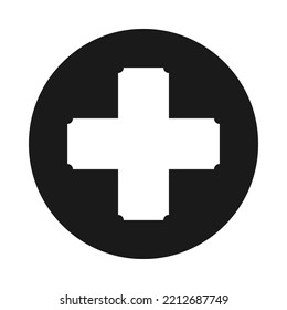 Negative Corner Swiss Cross Circle Icon. A Symbol Made From Arms Of Equal Length With Cut Corners. Isolated On A White Background.