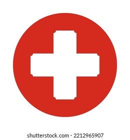 Negative Corner Swiss Cross Red Circle. A Symbol Made From Arms Of Equal Length With Cut Corners. Isolated On A White Background.