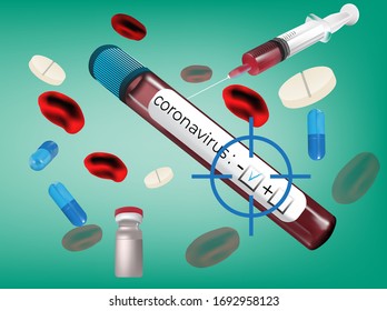 negative coronavirus test illustarion. injection with red color. blue capsule and white 
pill.tube test. vaccine tube. vector illustration