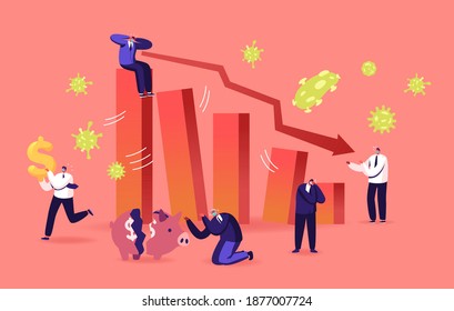 Negative Covid19 Impact On Investment Price. Coronavirus Outbreak And Global Economy Crisis, Financial Crash. Stock Market Chart Fall And Upset Business People Characters. Cartoon Vector Illustration