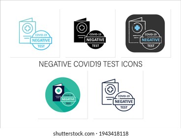 Negative covid19 Testsymbole Set. Hinweis im Health Passport über Coronavirus-Tests. Negative Ergebnisse.Sammlung von Symbolen in Liner, Glyphe, Kreide, Farbverlauf, Flachstilen.Einzelne Vektorgrafiken